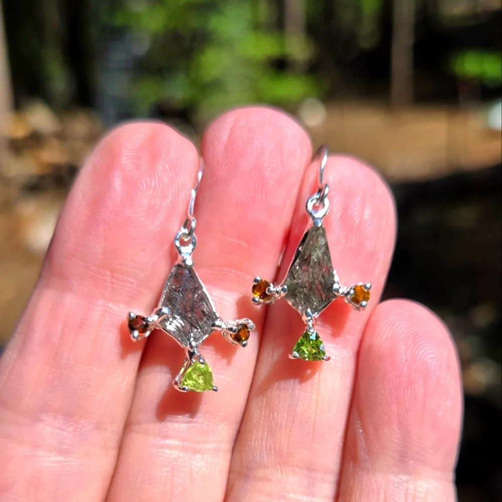Rutilated Natural quarts Garnets & Peridot Sterling Earrings - Picture 8 of 10